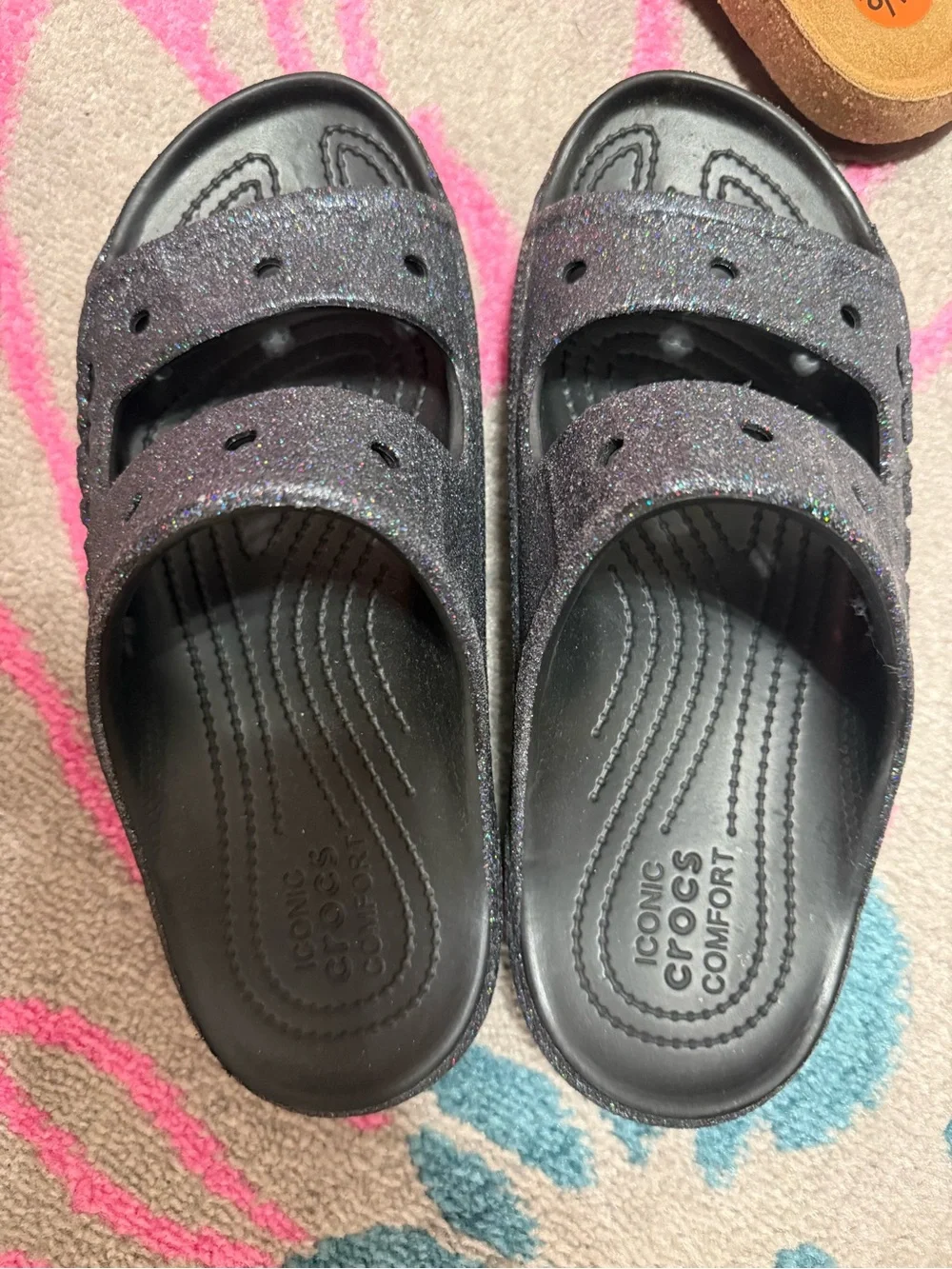 CROCS Women’s Black Glitter Double-Strap Slide Sandals